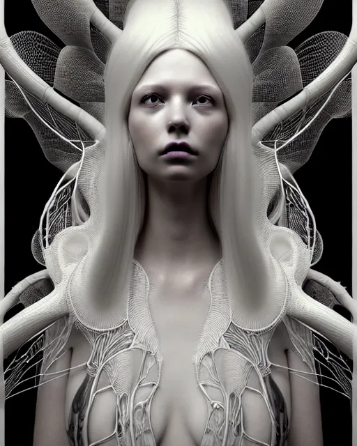 Image similar to dreamy soft luminous bw 3 d octane render, beautiful spiritual angelic biomechanical albino girl cyborg with a porcelain profile face, very long neck, rim light, big leaves and stems, roots, fine foliage lace, alexander mcqueen, art nouveau fashion embroidered collar, steampunk, silver filigree details, hexagonal mesh wire, mandelbrot fractal, elegant