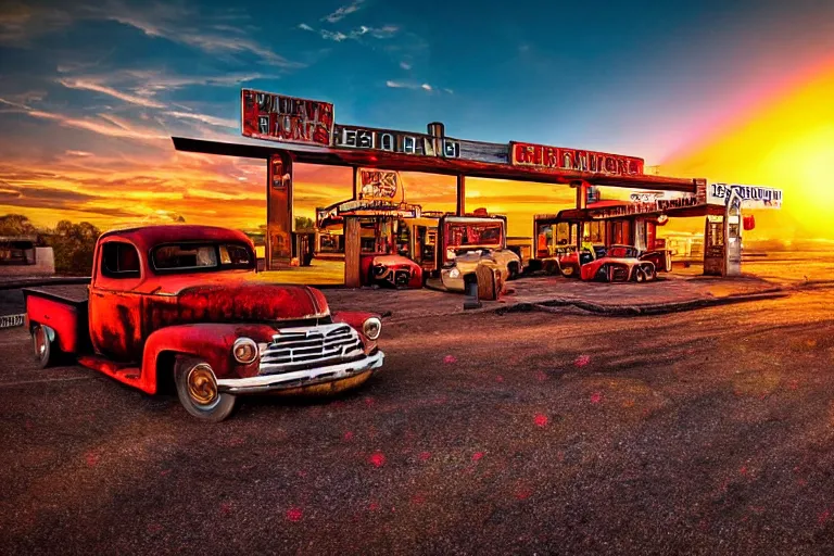 Image similar to a sunset light landscape with historical route 6 6, lots of sparkling details and sun ray ’ s, blinding backlight, smoke, volumetric lighting, colorful, octane, 3 5 mm, abandoned gas station, old rusty pickup - truck, beautiful epic colored reflections, very colorful heavenly, softlight