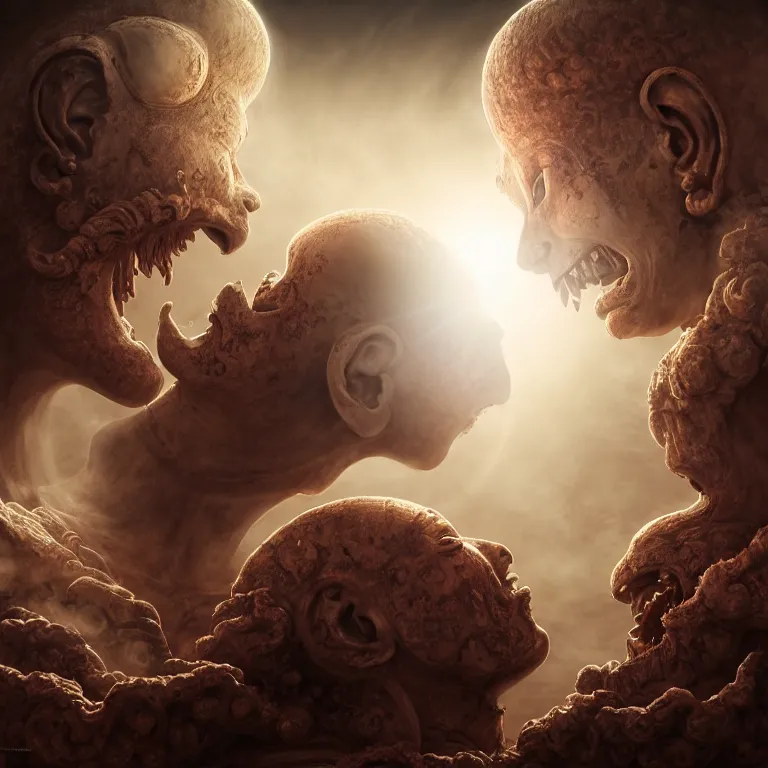 Prompt: portrait of two buddhist demons kissing each other in wastelands on white exoplanet at night, baroque portrait painting, beautiful intricate insanely detailed octane render, artstation, 8 k artistic harsh flash photography, photorealistic, volumetric perfect light, chiaroscuro, raphael, caravaggio, beksinski, rutkowski, giger