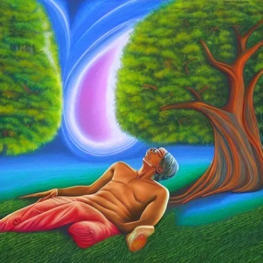 Prompt: painting of a peaceful man relaxing under a tree by alex grey, acrylic art, calm, soothing, cosy, elegant, soft light, psychedelic