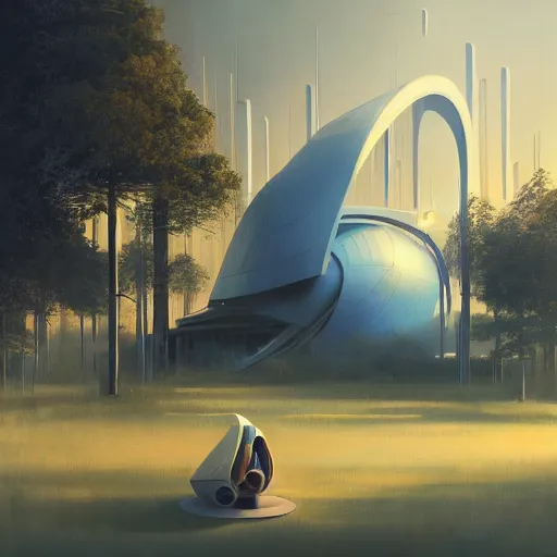 Prompt: a painting of a futuristic building surrounded by trees, an art deco painting by Beeple, cgsociety, retrofuturism, artstation hq, matte painting, biomorphic