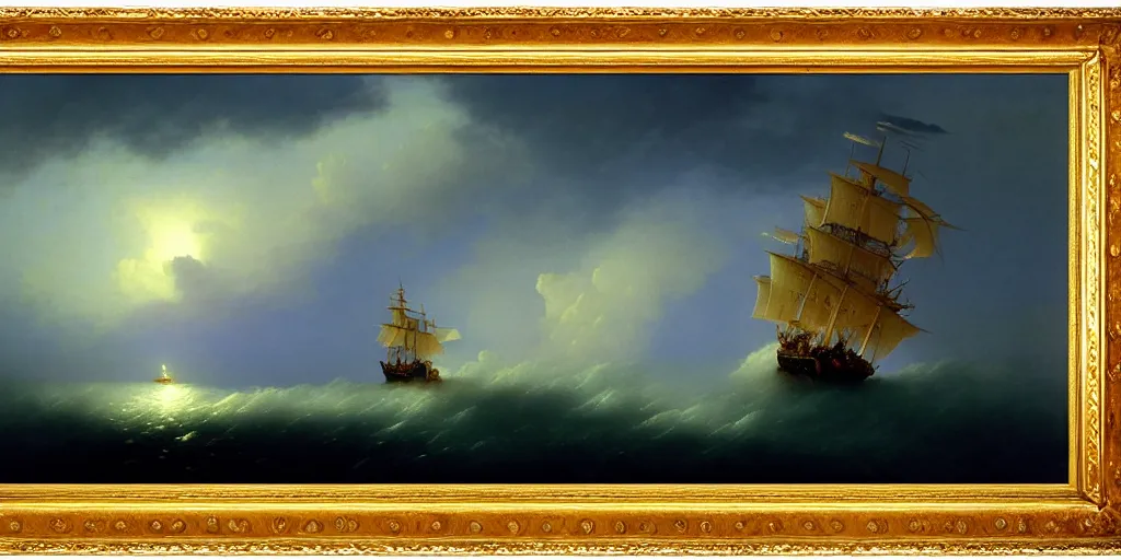 Prompt: A Pirate ship sailing in clouds by Ivan Aivazovsky, star lit sky, 4k