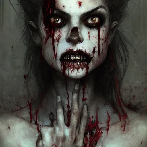 Image similar to A closeup portrait of an attractive zombie girl, fullbody, horror, intricate, moody, highly detailed, artstation, concept art, smooth, sharp focus, illustration, art by greg rutkowski and orientalism and bouguereau and Zdzislaw Beksinski, Dungeons & Dragons, good clear quality, lighting, biology, symmetrical artwork, evil, 135 mm, cinematic, hyper realism, high detail, octane render, 8k, chrome accents