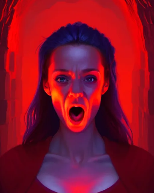 Image similar to beautiful Stella Maeve screaming in a red cave, blue lighting deep in the cave, symmetrical face symmetrical eyes, red hair, portrait, Charlie Bowater character art, no long neck, cinematic lighting