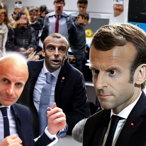 Image similar to Emmanuel Macron working at the reptilian clone factory, yellow eyes, paparazzi, hidden camera, wide angle