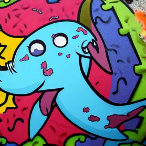 Prompt: epic colorful rainbow graffiti art of a cartoon zombie narwhal cooking bacon for a tattoo on the shoulder