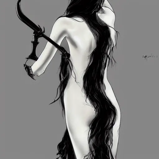 Prompt: Back view of the grim reaper as a beautiful woman, thin black lingerie, classy, long detailed ornate scythe, elegant, vintage shading, award winning, by Ilya Repin, deviant art