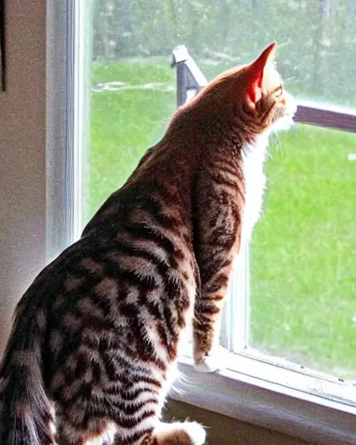 Prompt: a watchful cat is staring out the window at a couple of birds in the yard the birds are hunting for food on the ground. the cat's tail is slowly flicking back and forth