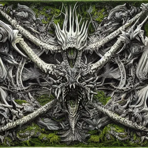 Image similar to white dragon skeleton covered in moss and flowers, intricate details, hyperrealistic, hr giger