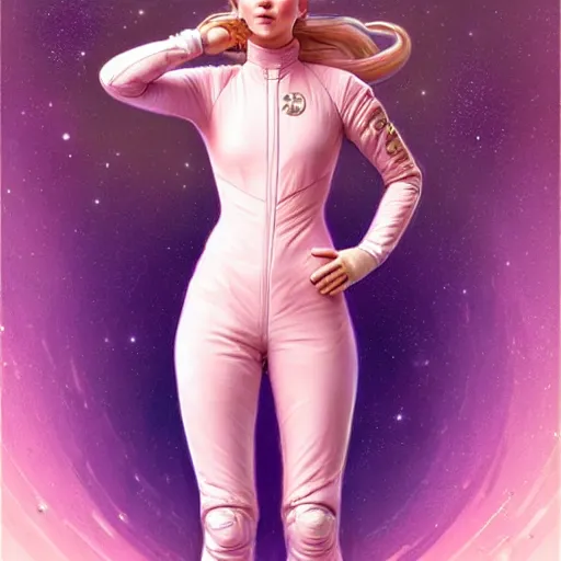 Image similar to Portrait of Jennifer Lawrence in pastel pink spacesuit by artgerm and greg rutkowski and alphonse mucha