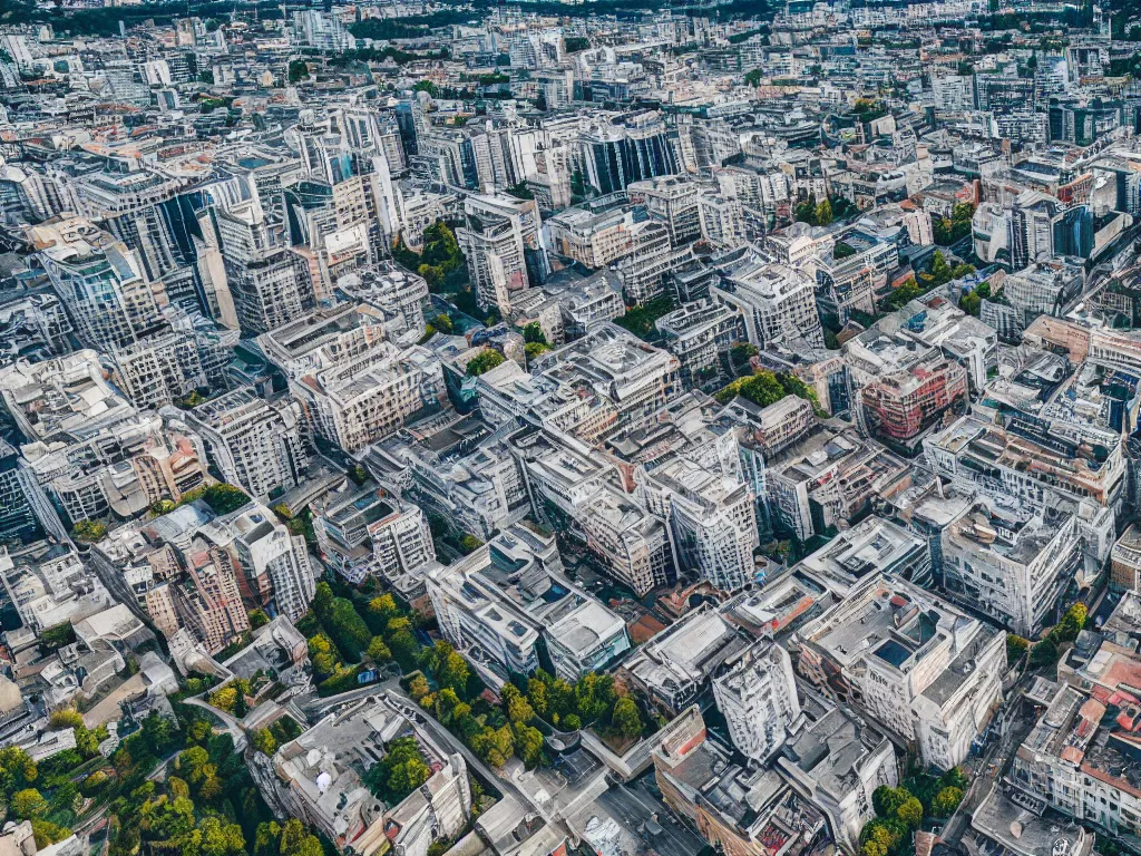 Prompt: drone view of a city with a large road down the centre, Brutalist architecture,sharp focus,telephoto lens 4k