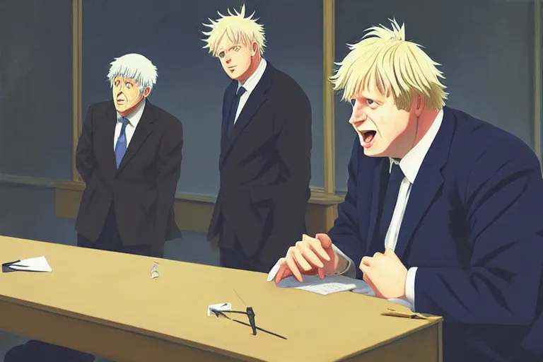 Prompt: anime key visual of boris johnson addressing the covid epidemic to a room of reporters, style of jamie wyeth james gilleard edward hopper greg rutkowski acrylic painting, preserved museum piece, historical