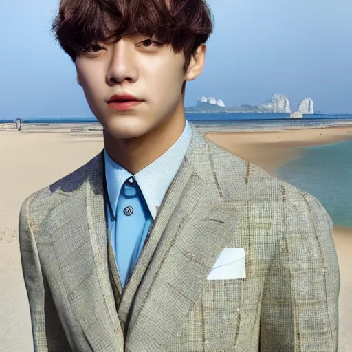 Prompt: portrait of Taehyung wearing a Gucci suit at the beach in Italy, highly detailed,