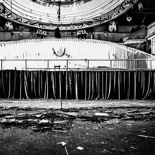 Image similar to abandoned circus, there is one person in the middle of the stage, photograph, 50mm