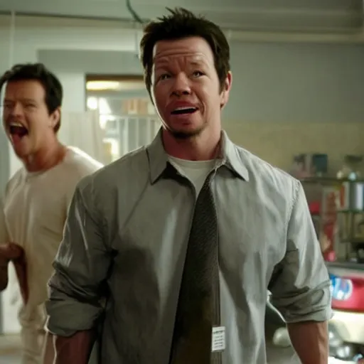 Image similar to scene from a movie that looks like a drama but it's a laugh hard comedy, starring mark wahlberg, shot by darren aronofsky, 4 k