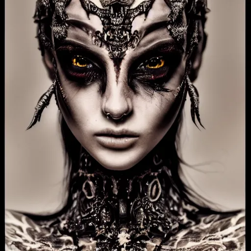 Image similar to a portrait of female model by stefan geselle and nekro borja, photorealistic, intricate details, hyper realistic, ornate headpiece, dark beauty, photorealistic, canon r 3, photography, wide shot, photography, dark beauty, symmetrical features