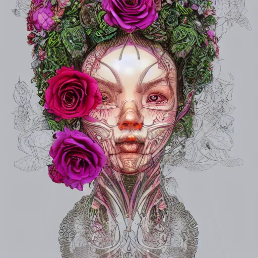 Image similar to the anatomy of a head of lettuce with roses that resemble a beautiful asian woman, an ultrafine detailed painting by james jean, intricate linework, bright colors, final fantasy, behance contest winner, vanitas, angular, altermodern, unreal engine 5 highly rendered, global illumination, radiant light, detailed and intricate environment