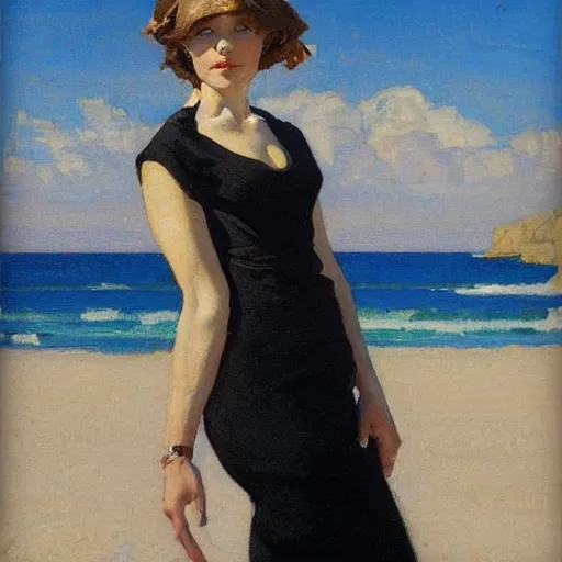 Prompt: woman on the beach, black dress, facing front, part leyendecker style, part dean cornwell style