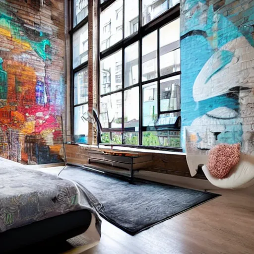 Image similar to trendy downtown loft with modern murals on the wall, modern wall art and patterns, professional photographed interior design, beautiful architecture