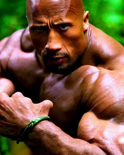 Prompt: film still close - up shot of dwayne johnson from the movie predator. photographic, photography