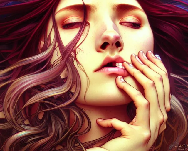 Image similar to overlord, psychedelic flowing hair, close eyes, portrait, highly detailed, deep focus, elegant, digital painting, smooth, sharp focus, illustration, ultra realistic, 8 k, art by artgerm and alphonse mucha