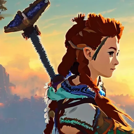 Image similar to Aloy from Horizon Zero Dawn in The Legend of Zelda Breath of the Wild