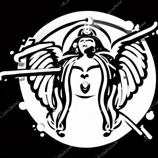 Prompt: svg vector sticker of absolutely divine-deity-angel, rocking out, wearing headphones, huge speakers, dancing, rave, DJ, spinning records, digital art, amazing composition, rule-of-thirds, award-winning, trending on artstation, featured on deviantart, uncropped, white-space, far-back, complete-subject