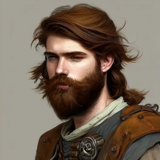 Image similar to portrait of a rugged ranger trainee, 19 years old, beard, male, masculine, upper body, red hair, long hair, soft hair, D&D, fantasy, intricate, elegant, highly detailed, digital painting, artstation, concept art, matte, sharp focus, illustration, art by Artgerm and Greg Rutkowski and Alphonse Mucha