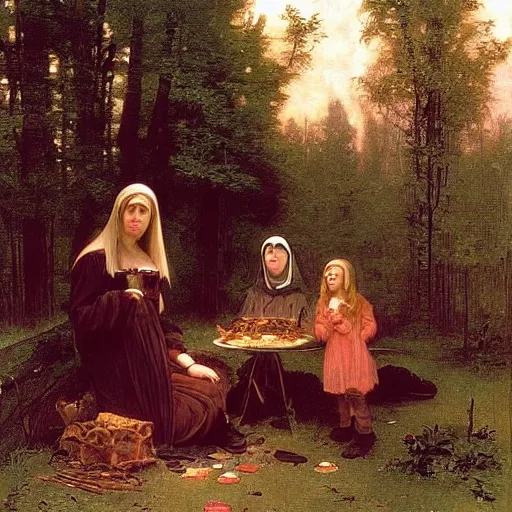 Image similar to an eerie, realistic illustration of a full-sized witch\'s gingerbread house covered in candy in the middle of dark and twisted woods, being visited by a poor waif brother and sister eating the candy, by Bouguereau, John William Waterhouse and Thomas Kincade