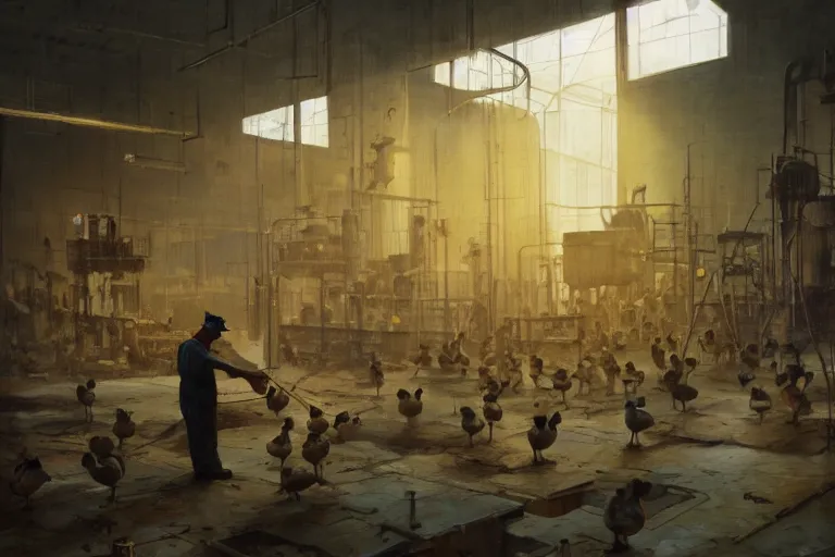 Image similar to A mixed media painting of a duck worker in a factory with little humans on the production line, by Frank Frazetta, Greg Rutkowski, Beeple, post-processing, low angle, masterpiece, cinematic, isometric, volumetric lighting