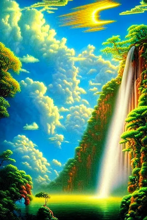 Prompt: a photorealistic detailed cinematic image of a beautiful vibrant iridescent future for human evolution, spiritual science, divinity, utopian, cumulus clouds, ornate retreat, resort for the soul, wildlife preservation, waterfall, isometric, by tim white, david a. hardy, kinkade, lisa frank, wpa, public works mural, socialist