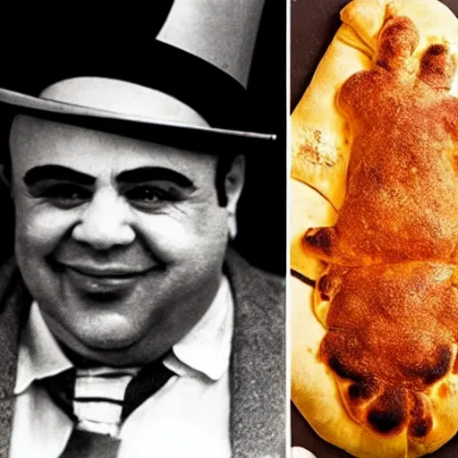 Image similar to al capone as a calzone being turned into a calzone as a calzone but still with the face of al capone being baked in an oven as a calzone, realistic, hyperrealistic, ultra realistic, real, real world, highly detailed, very detailed, extremely detailed, intricate details, 8 k resolution, hd quality