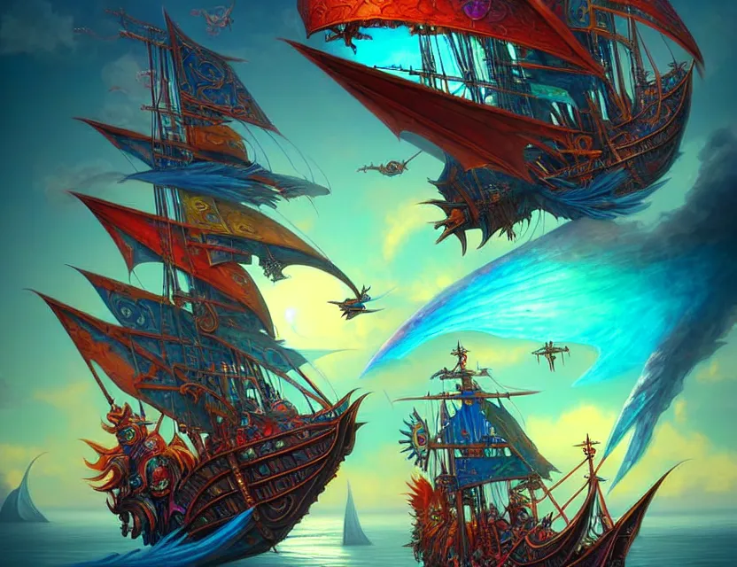 Prompt: the flying spelljammer galleon soars through the planes, amazing d & d planescape style art, trending on artstation, colorful, intricate, art by kev chan, fantasypunk, deep colors, cgsociety