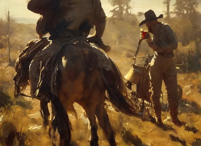 Image similar to oil painting of old rugged cowboy with whiskey bottle, art by anders zorn, wonderful masterpiece by greg rutkowski, beautiful cinematic light, american romanticism by greg manchess