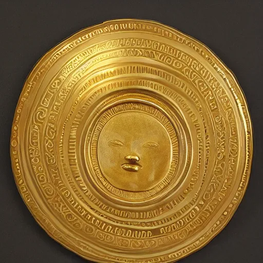 Prompt: gold disc embossed with the image of a human figure that represents a shamanic practitioner in the throes of spiritual ecstasy, graffiti