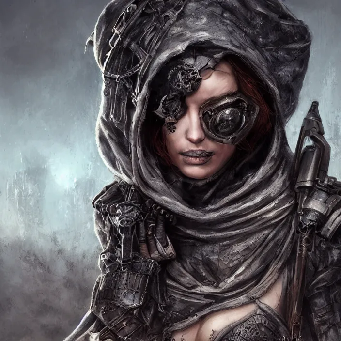 Image similar to beautiful apocalyptic woman in hooded cloak, standing on mad max panzer tank, hyper-detailed, smooth, sharp focus, 4k ultra hd, fantasy dark art, tank girl, artgerm, artstation, octane render, elegant, detailed digital painting, apocalyptic art