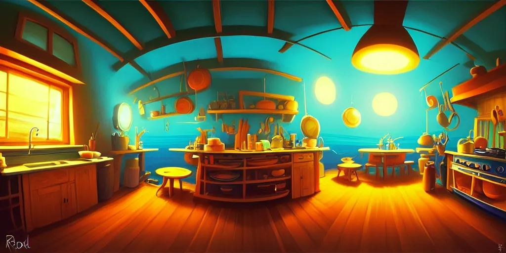 Image similar to spiral lines, naive nerikomi, weird perspective, extra narrow, detailed illustration of a kitchen dim lit by flashlight in a scenic spiral environment by rhads from lorax movie, trending artstation, true color, fisheye