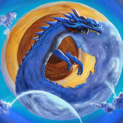 Prompt: Gigantic blue scaled dragon devouring an earth like planet while flying in space, sun system, behemoth, oil painting