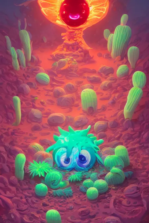 Image similar to roots cactus sushi cristal smurf ghost creature animal sushi cristal very big eye roots cactus elemental flush of force nature micro world fluo fishscale, behance hd by jesper ejsing, by rhads, makoto shinkai and lois van baarle, ilya kuvshinov, rossdraws radiating a glowing aura global illumination ray tracing hdr