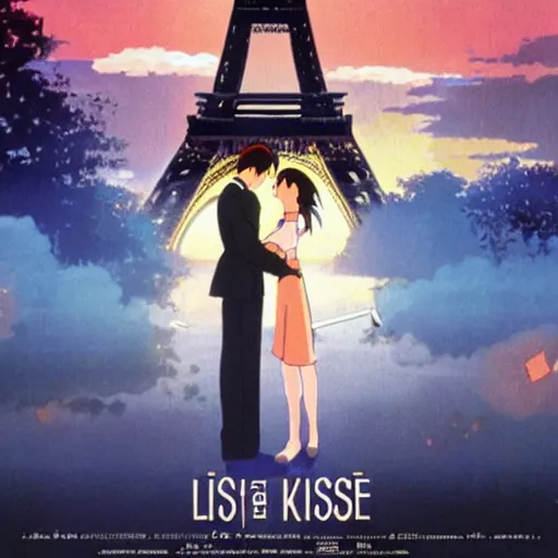 Prompt: film still Poster of the last kiss in paris, by Dice Tsutsumi, Makoto Shinkai, Studio Ghibli, playstation 2 printed game poster cover, cover art, poster, poster!!!