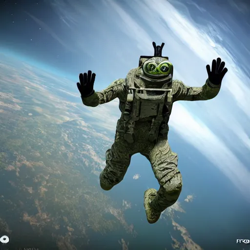 Image similar to frogman corps ( denmark ) in space waving hi, unreal engine 6, 4 k, hyper realistic, extremely detailed, coherent,.