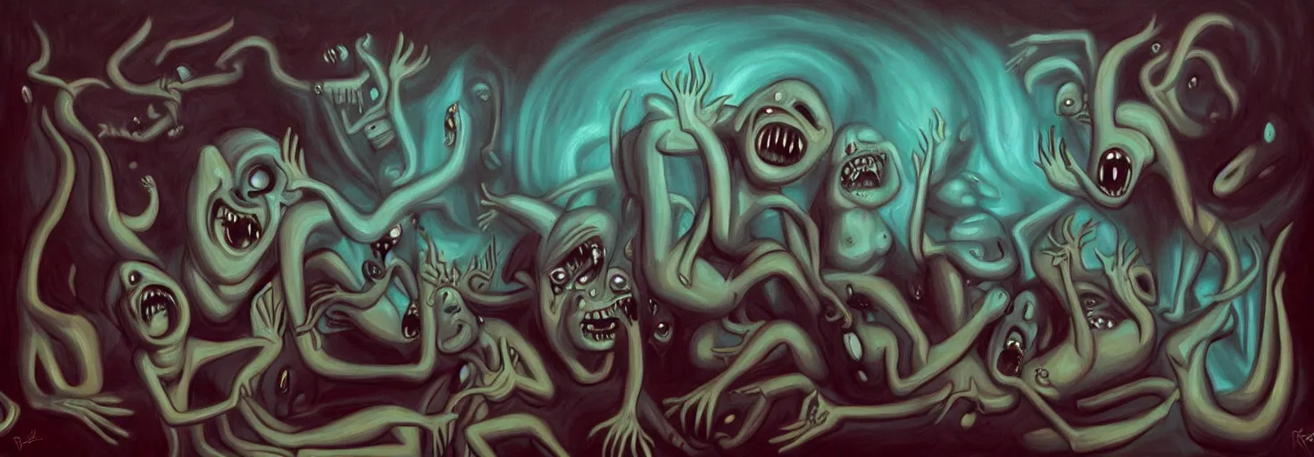 Image similar to visceral freaky obsessive monsters from the darkest depths of collective unconscious, dramatic glowing lighting, 1 9 3 0 s fleischer cartoon characters, wild emotional expressions - surreal painting by ronny khalil