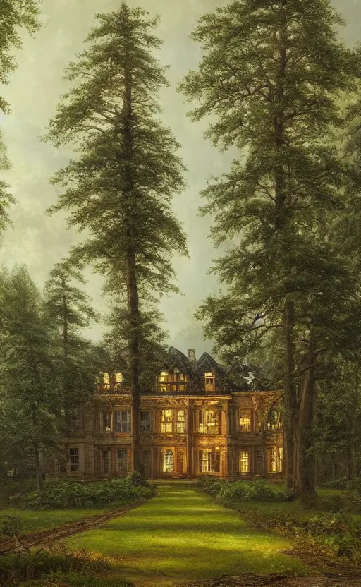 Prompt: portrait of a large victorian manor house in a pine forest, well lit, detailed, cinematic lighting, oil painting