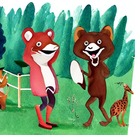 Image similar to Storybook illustration of anthropomorphic animals playing in the park, watercolor style