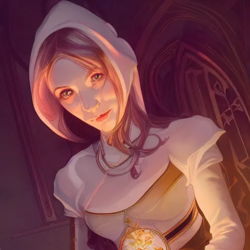 Prompt: Female elf cleric, ambient lighting, 4k, alphonse mucha, lois van baarle, ilya kuvshinov, rossdraws, artstation