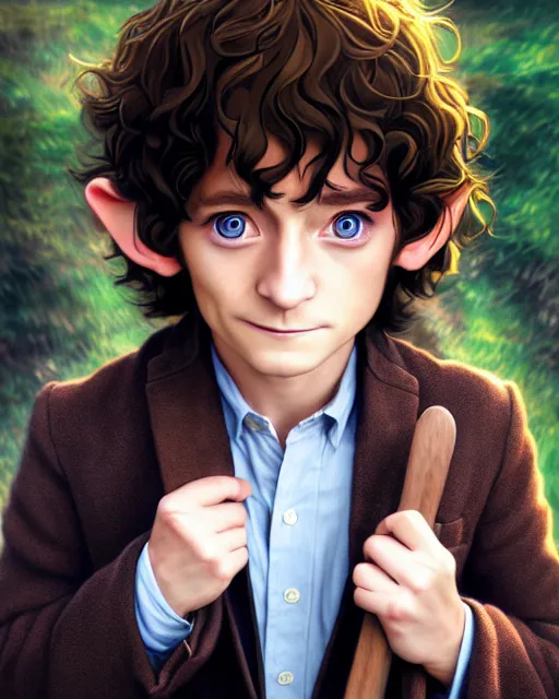 Prompt: portrait Anime joyful Hobbit Frodo Baggins; velvet brown jacket, backpack, Shire background || cute-fine-face, pretty face, realistic shaded Perfect face, fine details. Anime. realistic shaded lighting by Mark Arian
