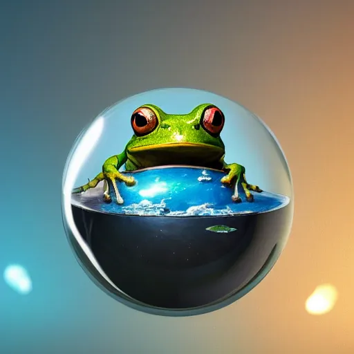 Prompt: eye - level shot of a cute frog sitting inside a giant glass sphere, concept art, by esao andrews, by m. w. kaluta, by pixar, volumetric light, rich colors, very humorous!!!, realistic reflections, smooth, depth perception, tilt shift, 4 k, unreal engine 5, artstation