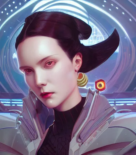 Image similar to portrait of a cyberpunk art deco woman who looks like Nezuko sci-fi, fantasy, intricate, elegant, highly detailed, digital painting, artstation, smooth, sharp focus, illustration, art by artgerm and greg rutkowski and alphonse mucha