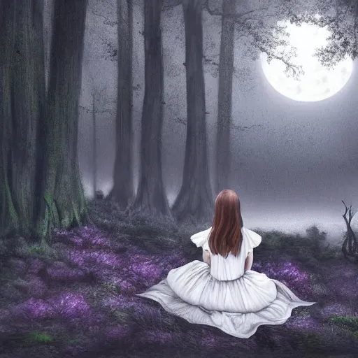 Prompt: highly realistic scenic painting of a towering misty dark fantasy forest surrounding a pond, a girl in a white dress sits on the roots of an ancient tree looking up at the moon, spooky fog, fantasy painting hd