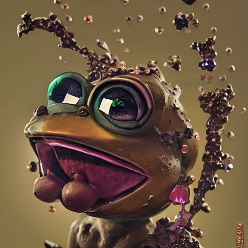 Image similar to plasticine wet shiny angles, crystal, moonlit, mirrors, camera angled dramatically, realistic hyperdetailed design of pepe the frog meme, ferocious, chinese mythology, victo nga, fumo yoshitoshi, ren jing jeong, feifei ruan, peter mohrbacher, takato yamamoto